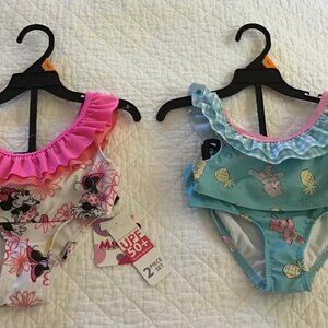 NWT Minnie Mouse Pink Swimsuit Girls 2-Piece + 2-Piece Care Bears Suit 4T -‎ New